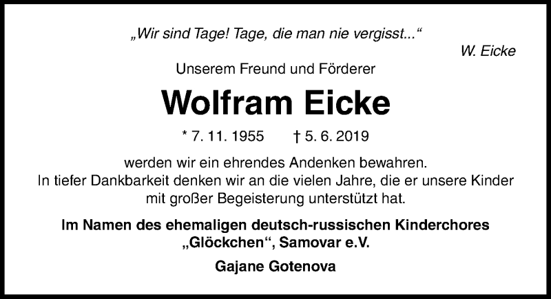  Traueranzeige für Wolfram Eicke vom 16.06.2019 aus Lübecker Nachrichten