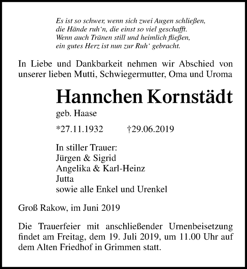  Traueranzeige für Hannchen Kornstädt  vom 06.07.2019 aus Ostseezeitung