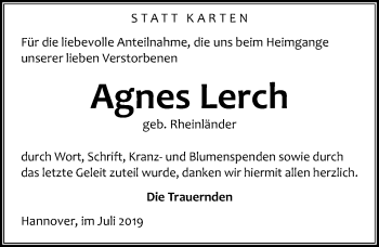 Traueranzeige von Agnes Lerch von Hannoversche Allgemeine Zeitung/Neue Presse