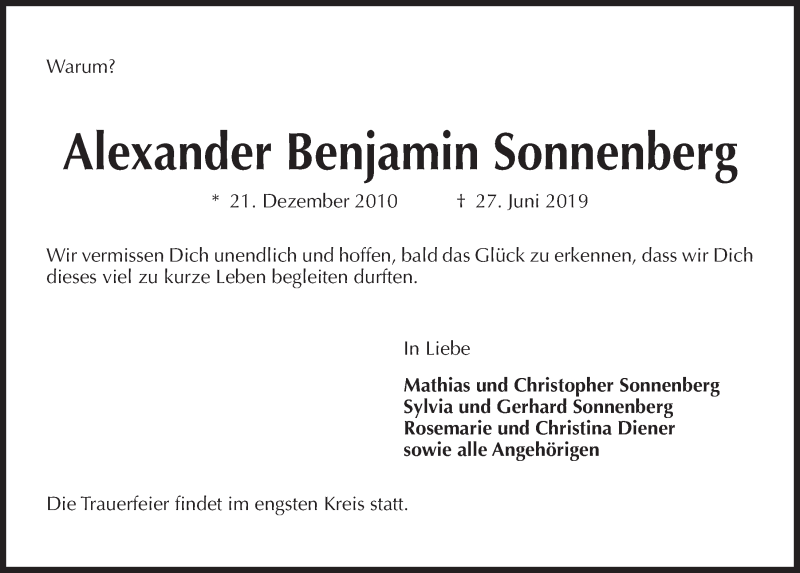  Traueranzeige für Alexander Benjamin Sonnenberg vom 06.07.2019 aus Kieler Nachrichten