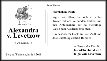 Traueranzeige von Alexandra v. Levetzow von Lübecker Nachrichten