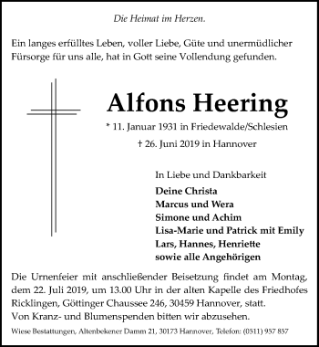 Traueranzeige von Alfons Heering von Hannoversche Allgemeine Zeitung/Neue Presse