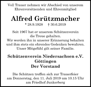 Traueranzeige von Alfred Grützmacher von Göttinger Tageblatt
