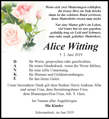 Traueranzeige von Alice Witting von Märkischen Allgemeine Zeitung