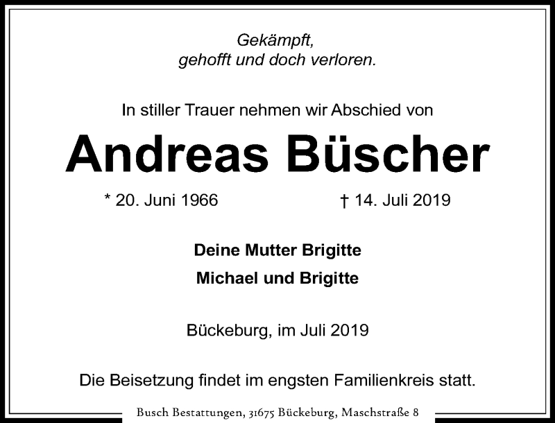  Traueranzeige für Andreas Büscher vom 23.07.2019 aus Schaumburger Nachrichten