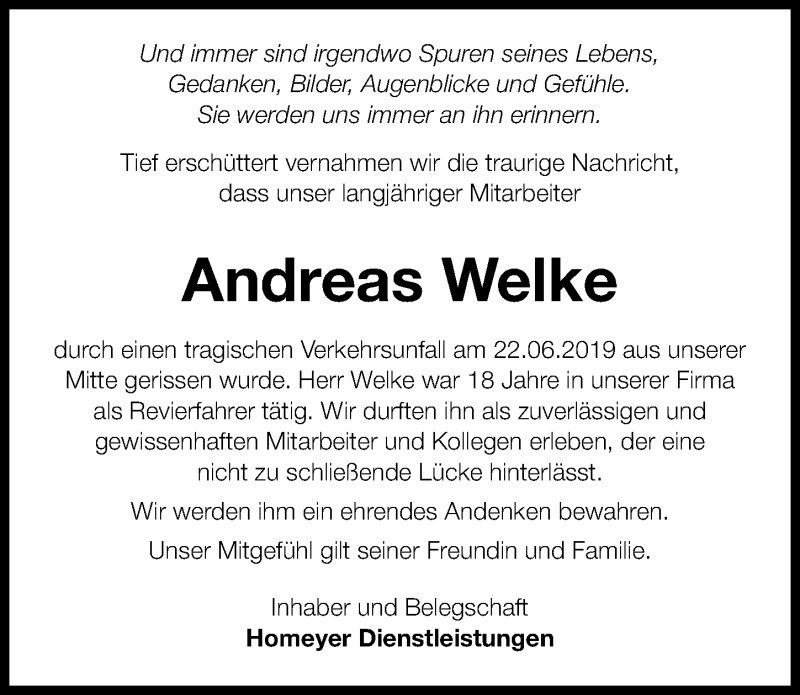  Traueranzeige für Andreas Welke vom 03.07.2019 aus Hannoversche Allgemeine Zeitung/Neue Presse