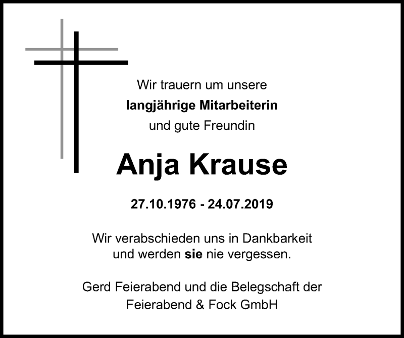 Traueranzeige für Anja Krause vom 27.07.2019 aus Ostsee-Zeitung GmbH