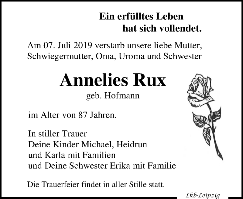  Traueranzeige für Annelies Rux vom 13.07.2019 aus Leipziger Volkszeitung