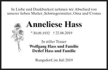 Traueranzeige von Anneliese Hass von Märkischen Allgemeine Zeitung