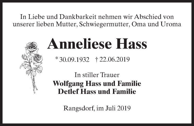  Traueranzeige für Anneliese Hass vom 06.07.2019 aus Märkischen Allgemeine Zeitung