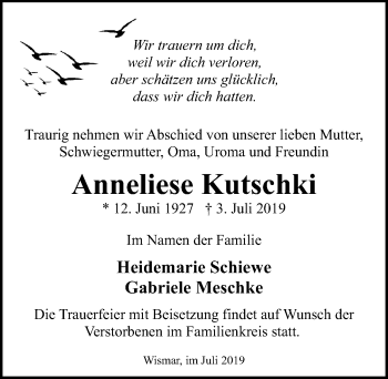 Traueranzeige von Anneliese Kutschki von Ostsee-Zeitung GmbH