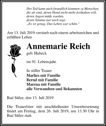 Traueranzeige von Annemarie Reich von Ostsee-Zeitung GmbH