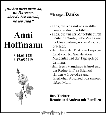 Traueranzeige von Anni Hoffmann von Leipziger Volkszeitung