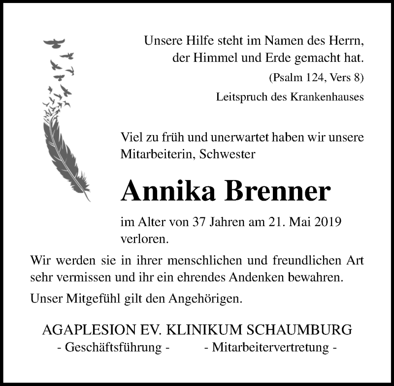  Traueranzeige für Annika Brenner vom 06.07.2019 aus Schaumburger Nachrichten