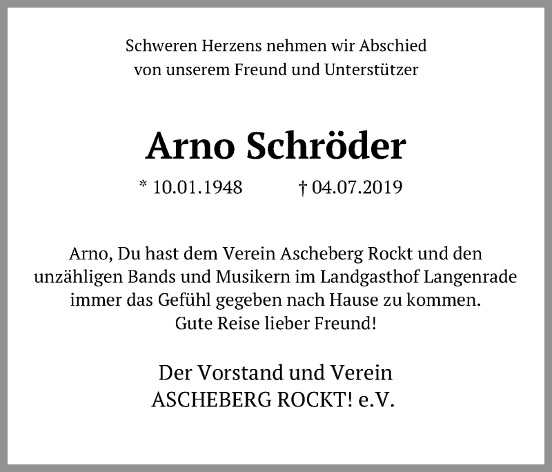  Traueranzeige für Arno Schröder vom 10.07.2019 aus Kieler Nachrichten