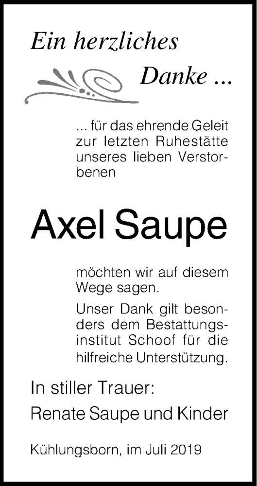  Traueranzeige für Axel Saupe vom 27.07.2019 aus Ostsee-Zeitung GmbH