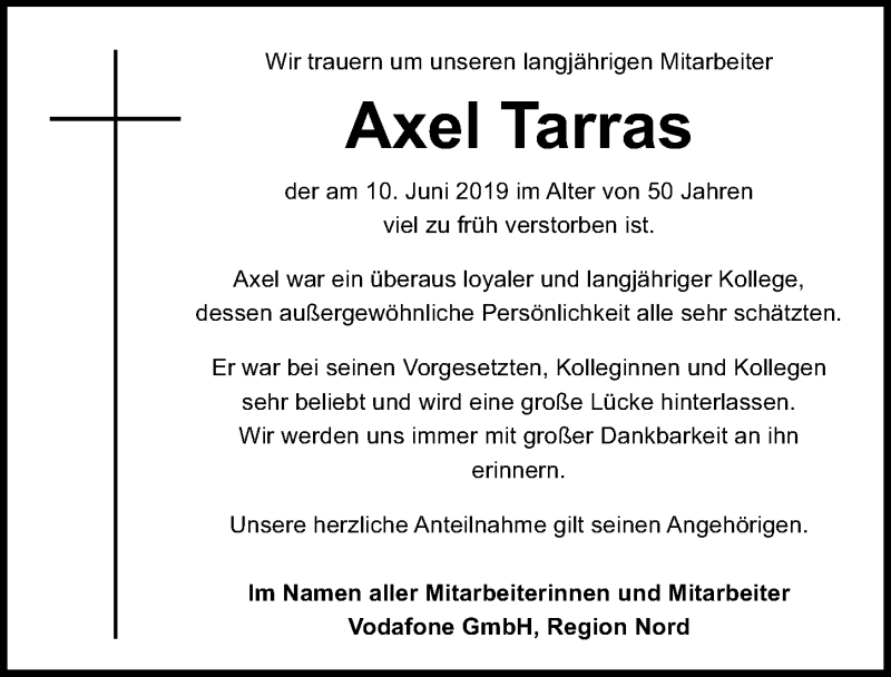  Traueranzeige für Axel Tarras vom 13.07.2019 aus Hannoversche Allgemeine Zeitung/Neue Presse
