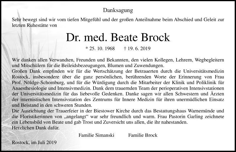  Traueranzeige für Beate Brock vom 06.07.2019 aus Ostsee-Zeitung GmbH