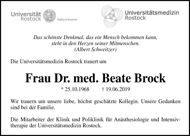  Traueranzeige für Beate Brock vom 29.06.2019 aus Ostsee-Zeitung GmbH