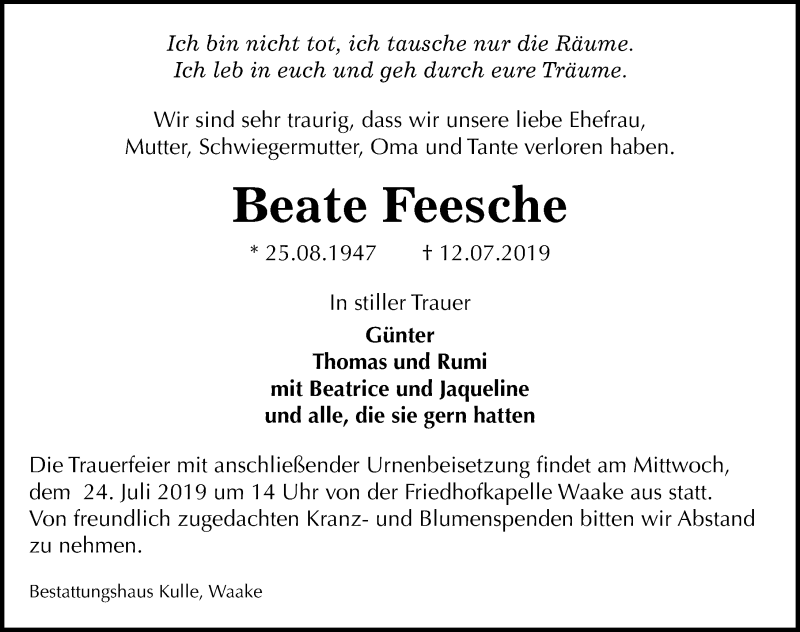  Traueranzeige für Beate Feesche vom 20.07.2019 aus Göttinger Tageblatt