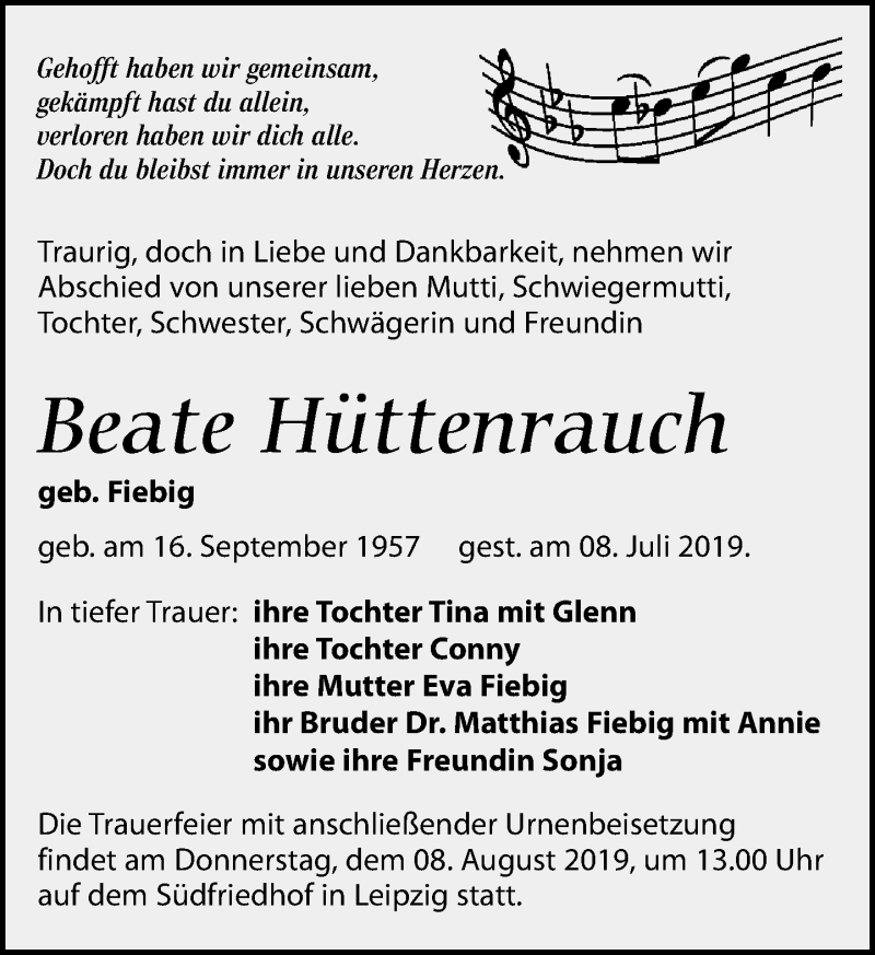  Traueranzeige für Beate Hüttenrauch vom 13.07.2019 aus Leipziger Volkszeitung