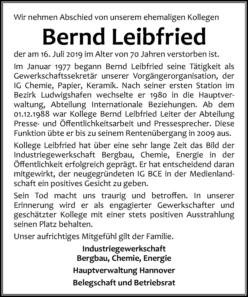  Traueranzeige für Bernd Leibfried vom 20.07.2019 aus Hannoversche Allgemeine Zeitung/Neue Presse