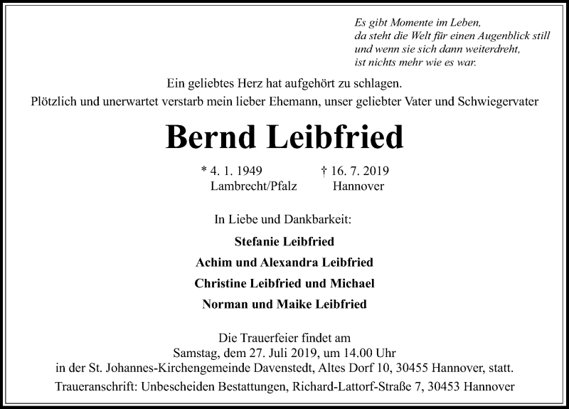  Traueranzeige für Bernd Leibfried vom 20.07.2019 aus Hannoversche Allgemeine Zeitung/Neue Presse