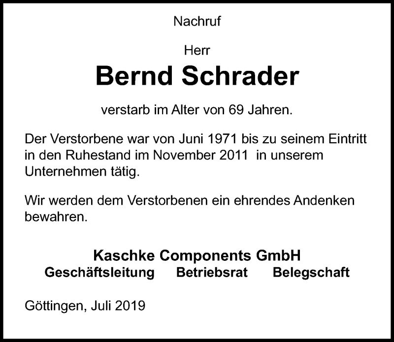  Traueranzeige für Bernd Schrader vom 17.07.2019 aus Göttinger Tageblatt