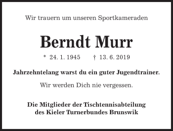 Traueranzeige von Berndt Murr von Kieler Nachrichten