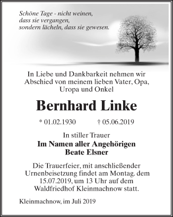 Traueranzeige von Bernhard Linke von Märkischen Allgemeine Zeitung