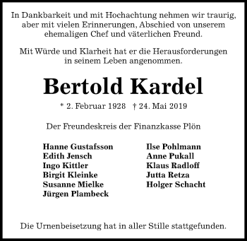 Traueranzeige von Bertold Kardel von Kieler Nachrichten