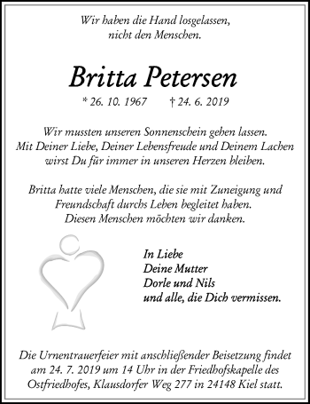 Traueranzeige von Britta Petersen von Kieler Nachrichten