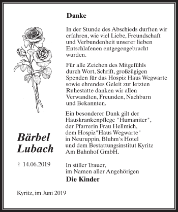 Traueranzeige von Bärbel Lubach von Märkischen Allgemeine Zeitung