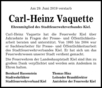Traueranzeige von Carl-Heinz Vaquette von Kieler Nachrichten