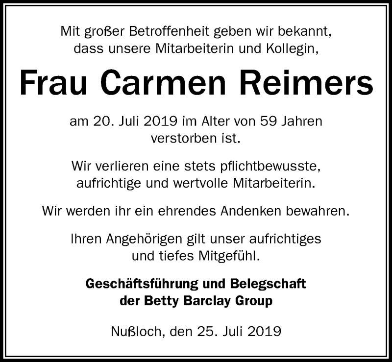  Traueranzeige für Carmen Reimers vom 27.07.2019 aus Aller Zeitung