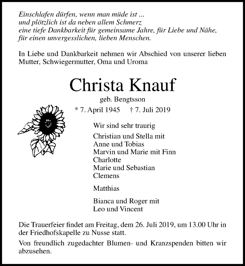  Traueranzeige für Christa Knauf vom 23.07.2019 aus Lübecker Nachrichten