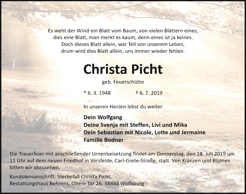 Traueranzeige für Christa Picht vom 12.07.2019 aus Aller Zeitung