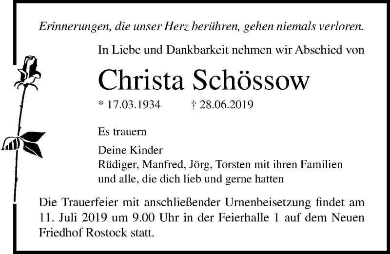  Traueranzeige für Christa Schössow vom 06.07.2019 aus Ostsee-Zeitung GmbH