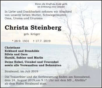 Traueranzeige von Christa Steinberg von Ostsee-Zeitung GmbH