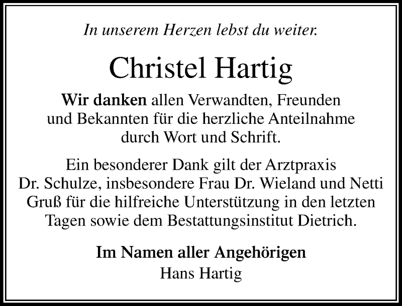  Traueranzeige für Christel Hartig vom 27.07.2019 aus Ostsee-Zeitung GmbH