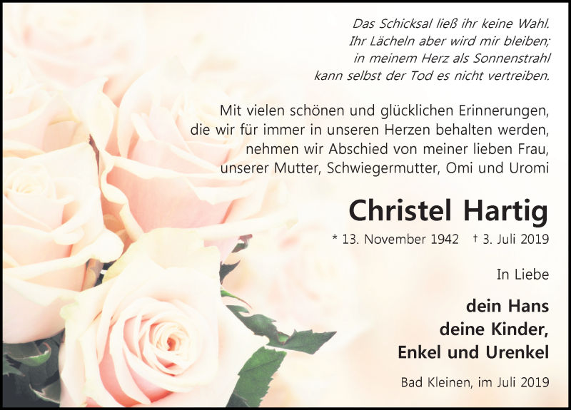  Traueranzeige für Christel Hartig vom 20.07.2019 aus Ostsee-Zeitung GmbH