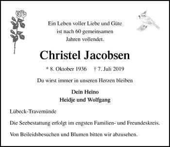 Traueranzeige von Christel Jacobsen von Lübecker Nachrichten