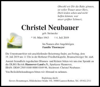 Traueranzeige von Christel Neubauer von Hannoversche Allgemeine Zeitung/Neue Presse