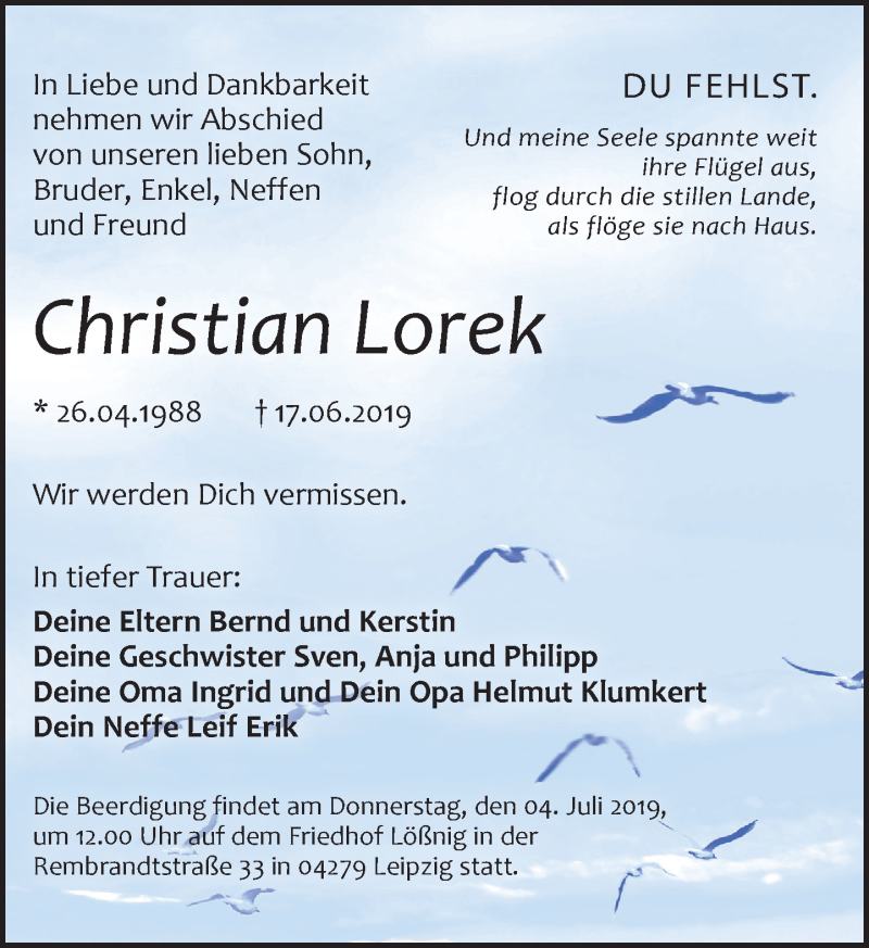  Traueranzeige für Christian Lorek vom 29.06.2019 aus Leipziger Volkszeitung