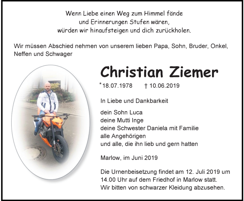  Traueranzeige für Christian Ziemer vom 06.07.2019 aus Ostsee-Zeitung GmbH