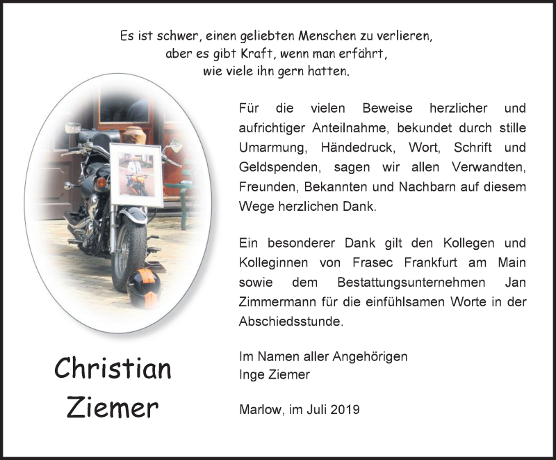  Traueranzeige für Christian Ziemer vom 27.07.2019 aus Ostsee-Zeitung GmbH