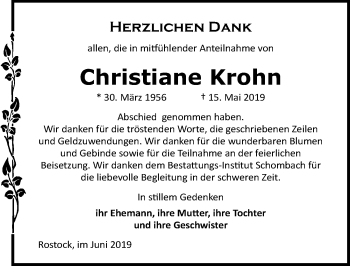 Traueranzeige von Christiane Krohn von Ostsee-Zeitung GmbH