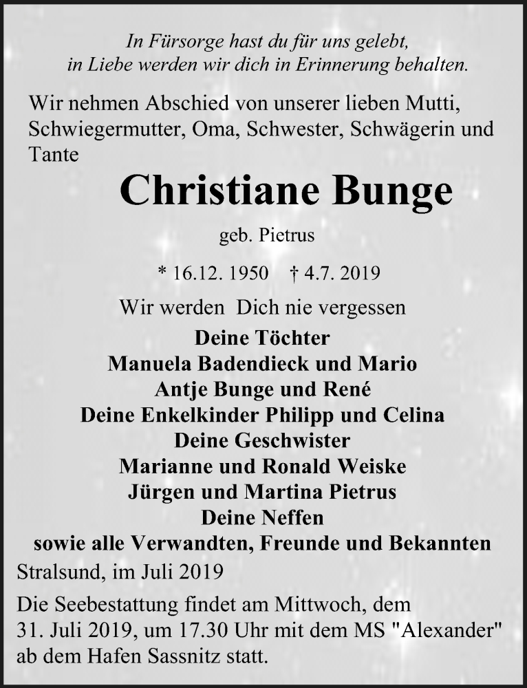  Traueranzeige für Christiane Bunge Bunge vom 13.07.2019 aus Ostsee-Zeitung GmbH