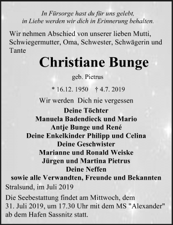 Traueranzeige von Christiane Bunge Bunge von Ostsee-Zeitung GmbH