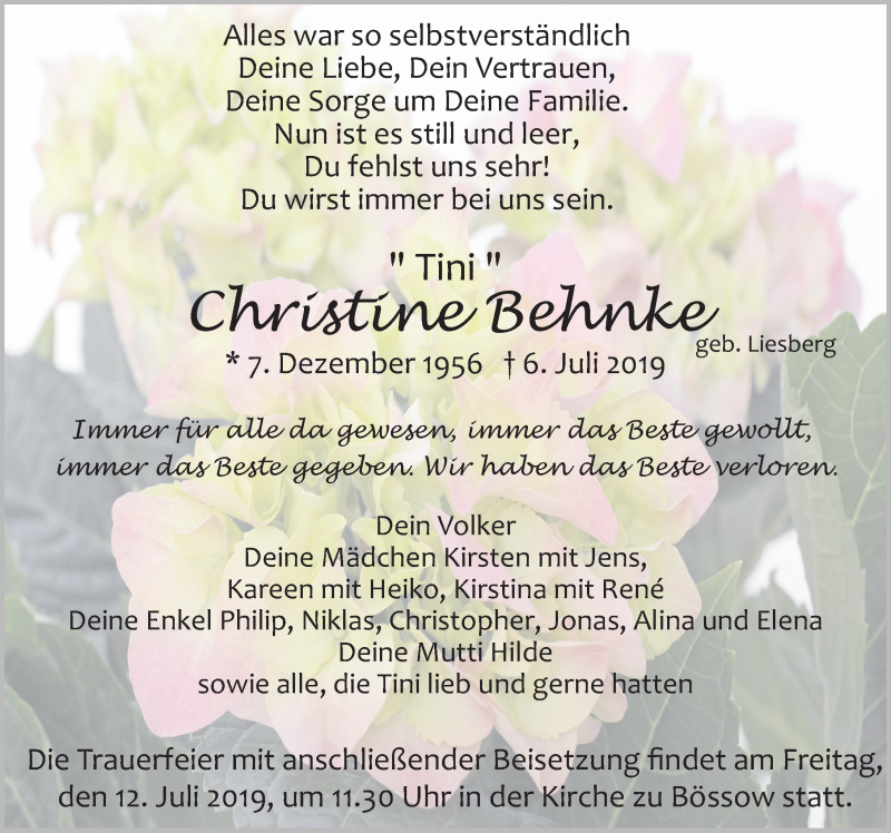  Traueranzeige für Christine Behnke vom 10.07.2019 aus Ostsee-Zeitung GmbH